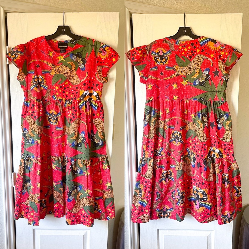Nooworks Frida Pride Tiger Dress Stretch Cotton Bright Print Medium EUC - Picture 2 of 9